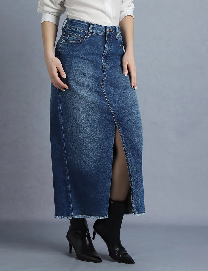 inkd Denim Drama Women's Denim Skirt - Midi Skirt with Front Slit | Long Straight Fit Skirt for Women | Skirt for Woman for Women | Best Price UAE
